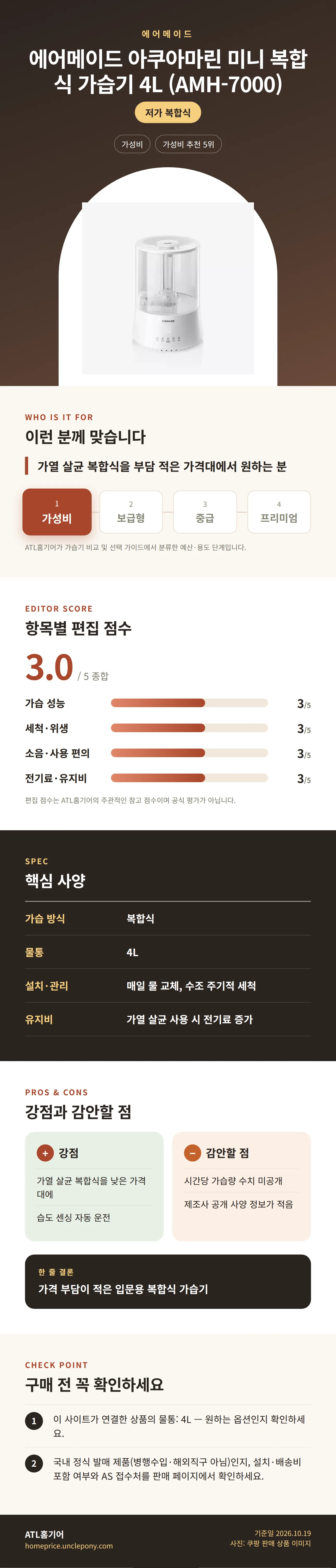 에어메이드 아쿠아마린 미니 복합식 가습기 4L (AMH-7000) 상세 정보: 추천 대상, 항목별 편집 점수, 핵심 사양, 강점과 감안할 점, 구매 전 확인