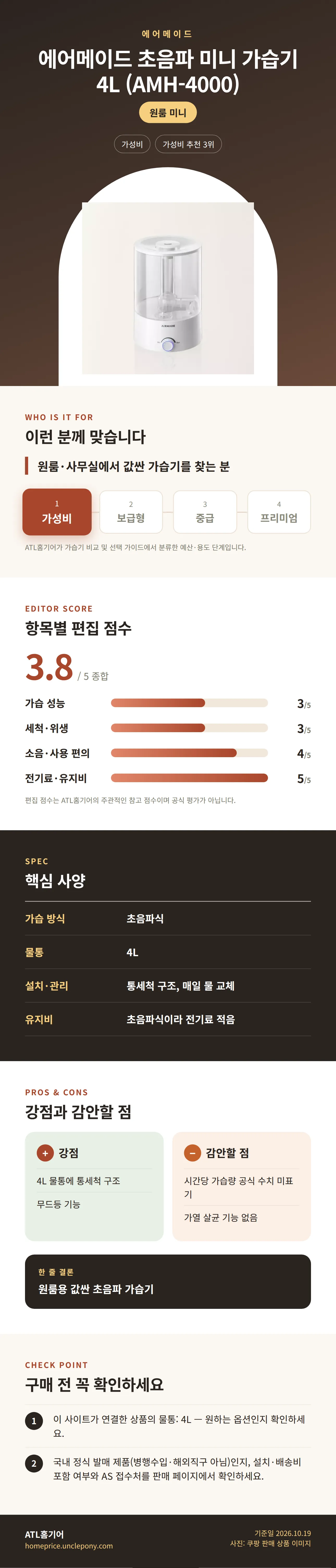 에어메이드 초음파 미니 가습기 4L (AMH-4000) 상세 정보: 추천 대상, 항목별 편집 점수, 핵심 사양, 강점과 감안할 점, 구매 전 확인