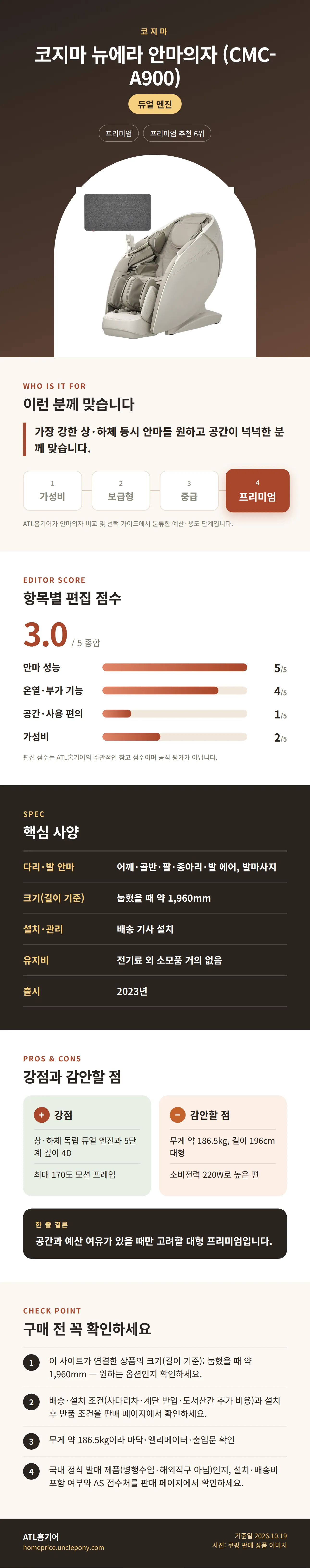코지마 뉴에라 안마의자 (CMC-A900) 상세 정보: 추천 대상, 항목별 편집 점수, 핵심 사양, 강점과 감안할 점, 구매 전 확인