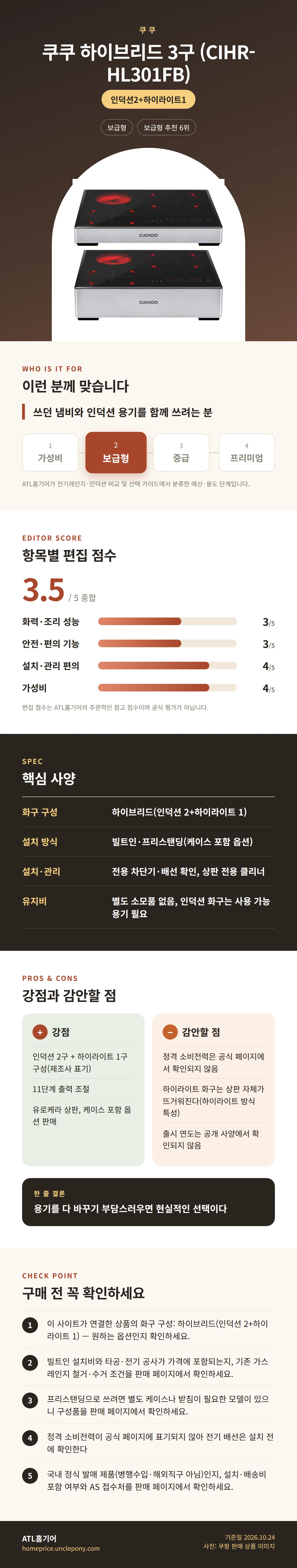 쿠쿠 하이브리드 3구 (CIHR-HL301FB) 상세 정보: 추천 대상, 항목별 편집 점수, 핵심 사양, 강점과 감안할 점, 구매 전 확인