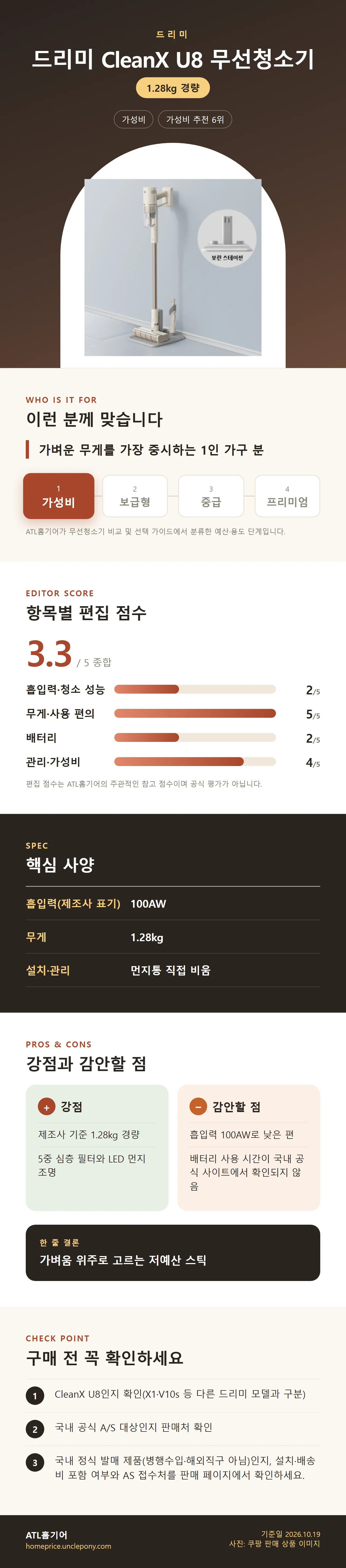 드리미 CleanX U8 무선청소기 상세 정보: 추천 대상, 항목별 편집 점수, 핵심 사양, 강점과 감안할 점, 구매 전 확인