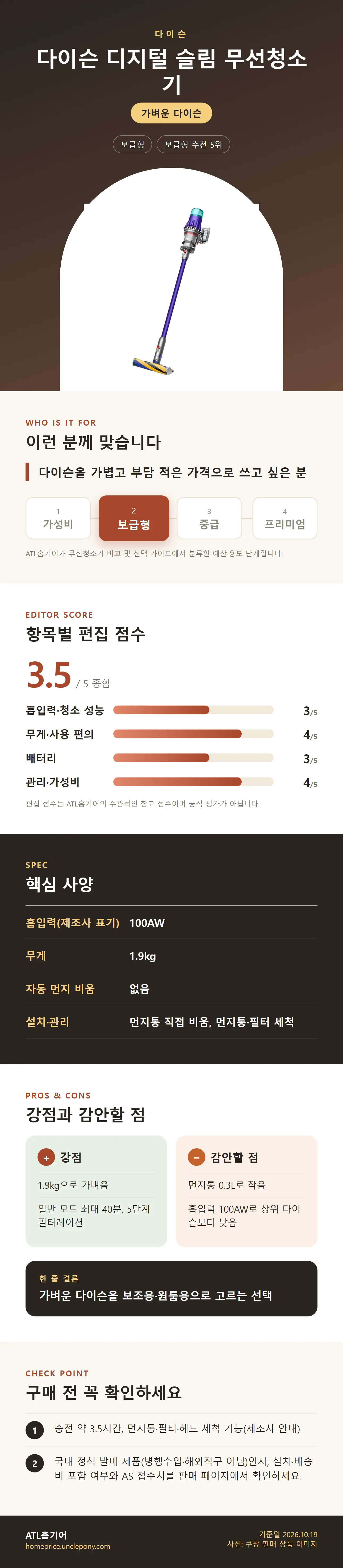 다이슨 디지털 슬림 무선청소기 상세 정보: 추천 대상, 항목별 편집 점수, 핵심 사양, 강점과 감안할 점, 구매 전 확인