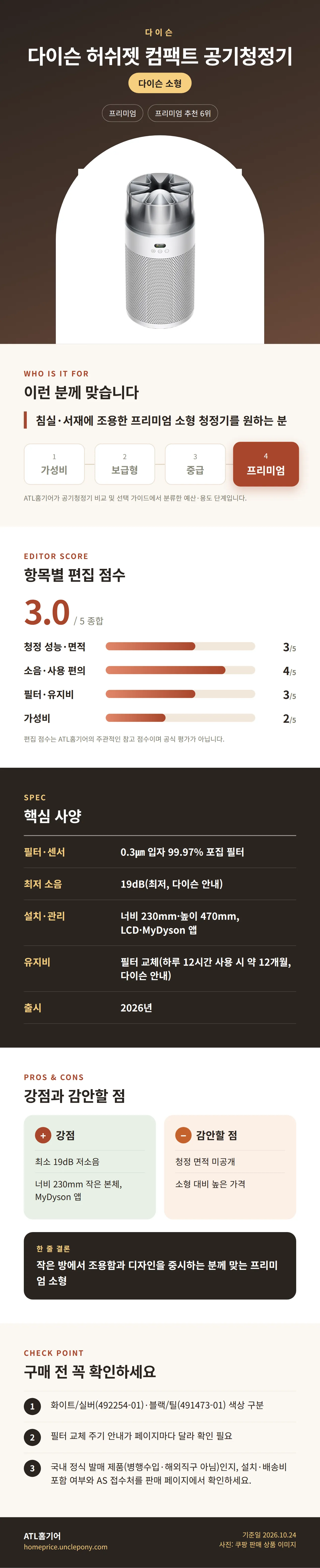 다이슨 허쉬젯 컴팩트 공기청정기 상세 정보: 추천 대상, 항목별 편집 점수, 핵심 사양, 강점과 감안할 점, 구매 전 확인