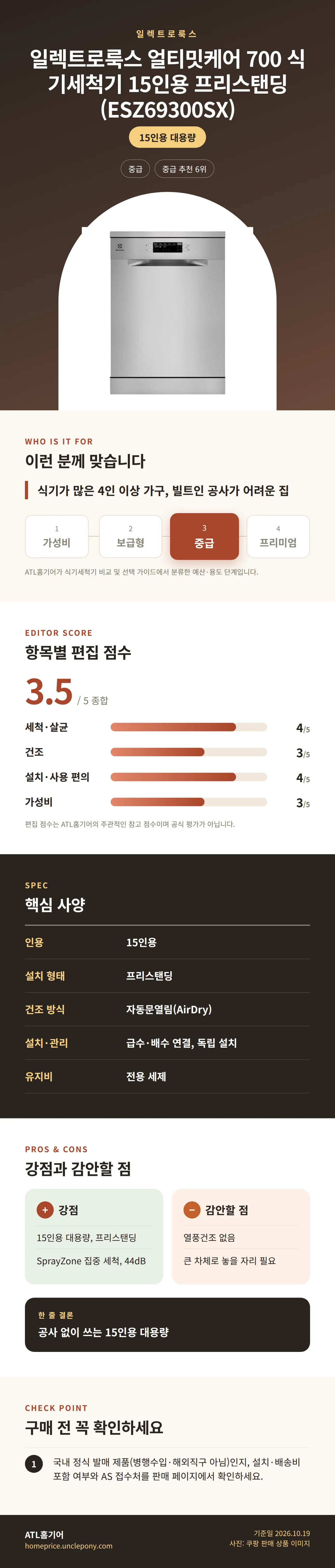 일렉트로룩스 얼티밋케어 700 식기세척기 15인용 프리스탠딩 (ESZ69300SX) 상세 정보: 추천 대상, 항목별 편집 점수, 핵심 사양, 강점과 감안할 점, 구매 전 확인
