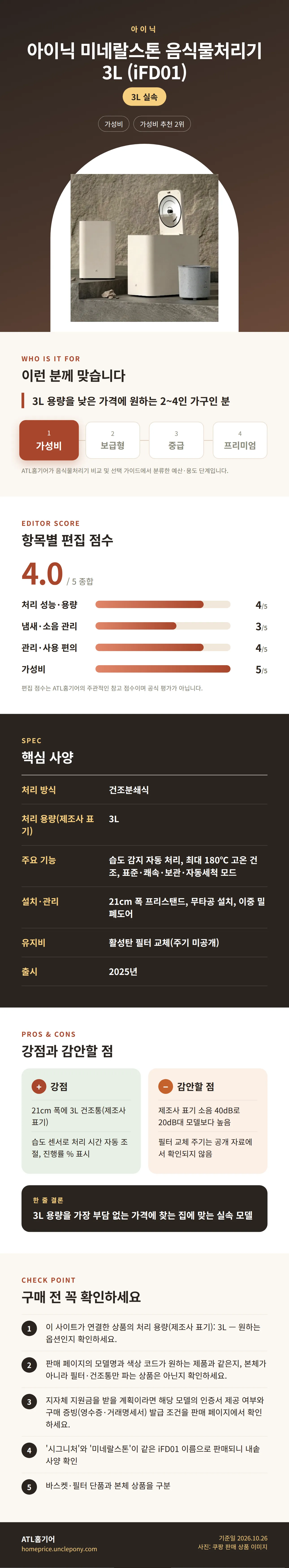 아이닉 미네랄스톤 음식물처리기 3L (iFD01) 상세 정보: 추천 대상, 항목별 편집 점수, 핵심 사양, 강점과 감안할 점, 구매 전 확인