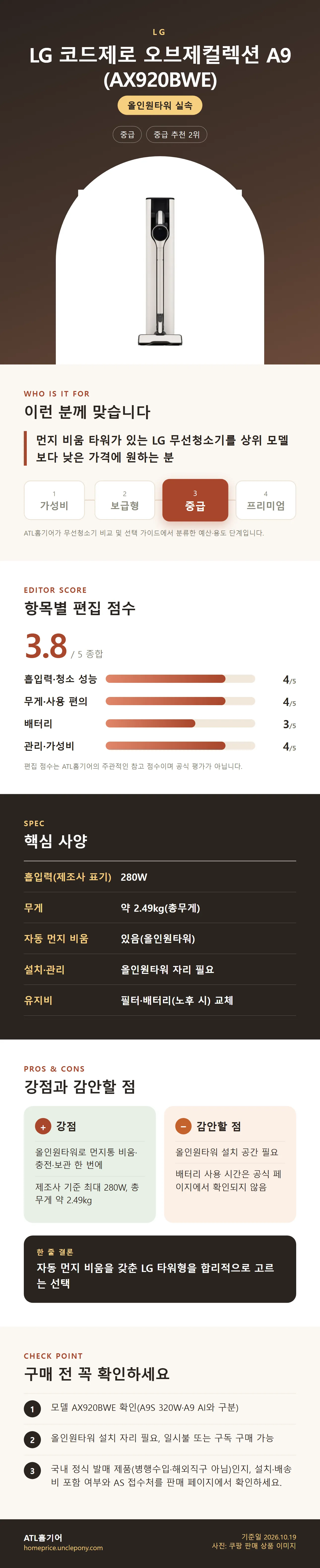 LG 코드제로 오브제컬렉션 A9 (AX920BWE) 상세 정보: 추천 대상, 항목별 편집 점수, 핵심 사양, 강점과 감안할 점, 구매 전 확인
