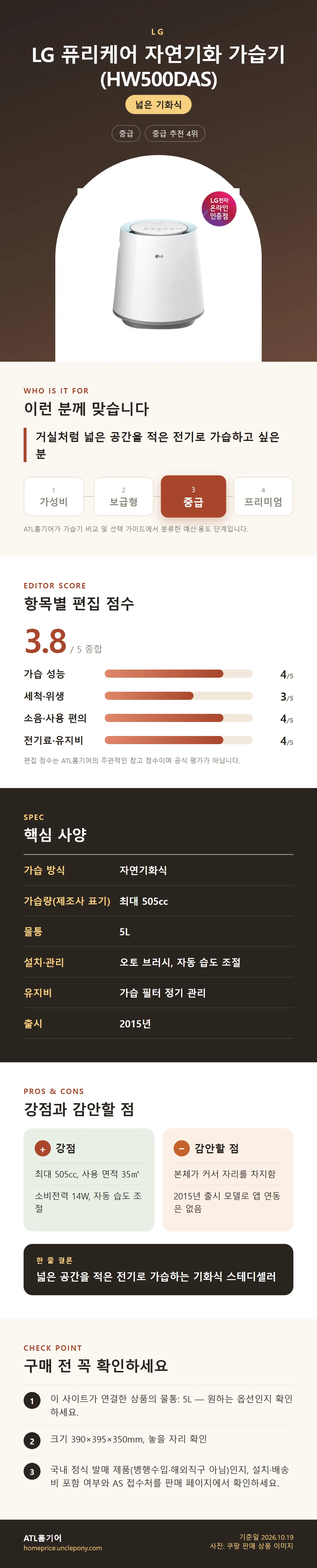 LG 퓨리케어 자연기화 가습기 (HW500DAS) 상세 정보: 추천 대상, 항목별 편집 점수, 핵심 사양, 강점과 감안할 점, 구매 전 확인