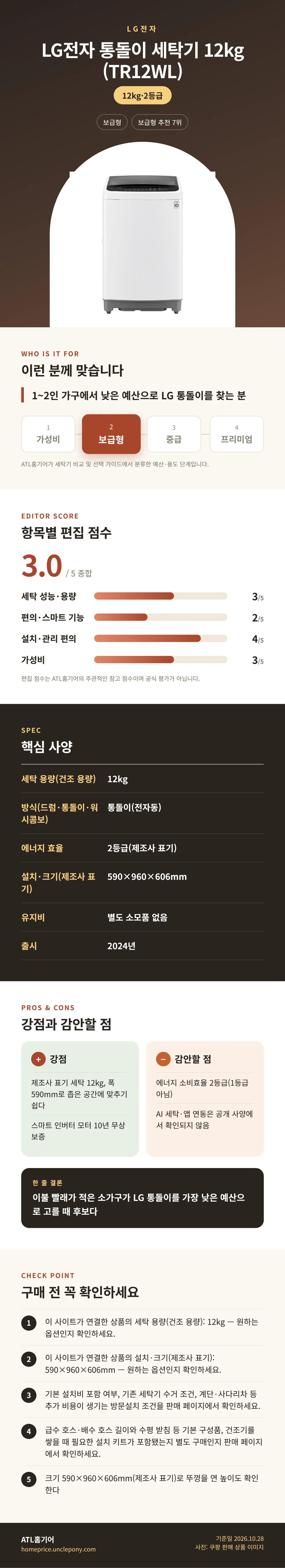 LG전자 통돌이 세탁기 12kg (TR12WL) 상세 정보: 추천 대상, 항목별 편집 점수, 핵심 사양, 강점과 감안할 점, 구매 전 확인