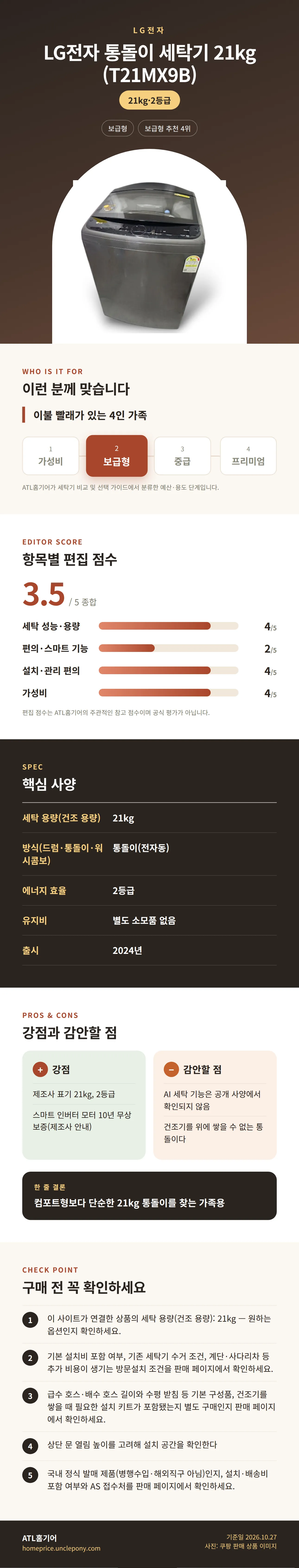 LG전자 통돌이 세탁기 21kg (T21MX9B) 상세 정보: 추천 대상, 항목별 편집 점수, 핵심 사양, 강점과 감안할 점, 구매 전 확인