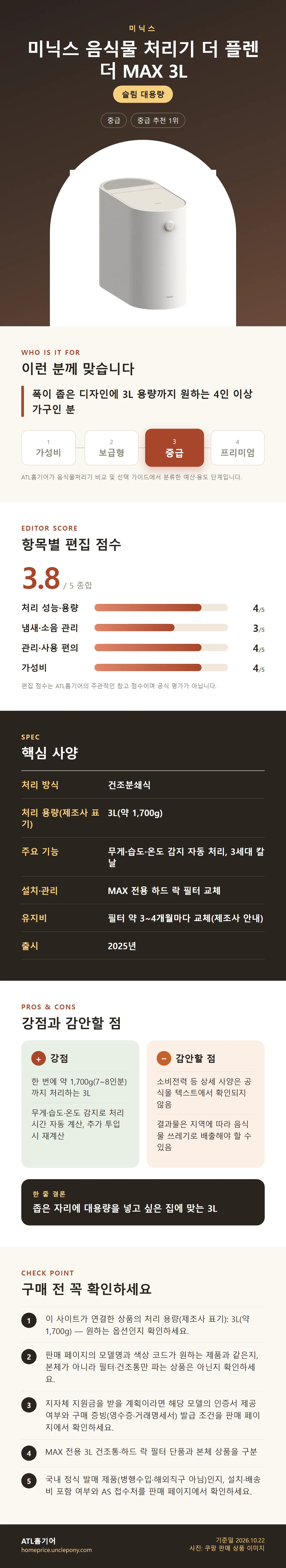 미닉스 음식물 처리기 더 플렌더 MAX 3L 상세 정보: 추천 대상, 항목별 편집 점수, 핵심 사양, 강점과 감안할 점, 구매 전 확인