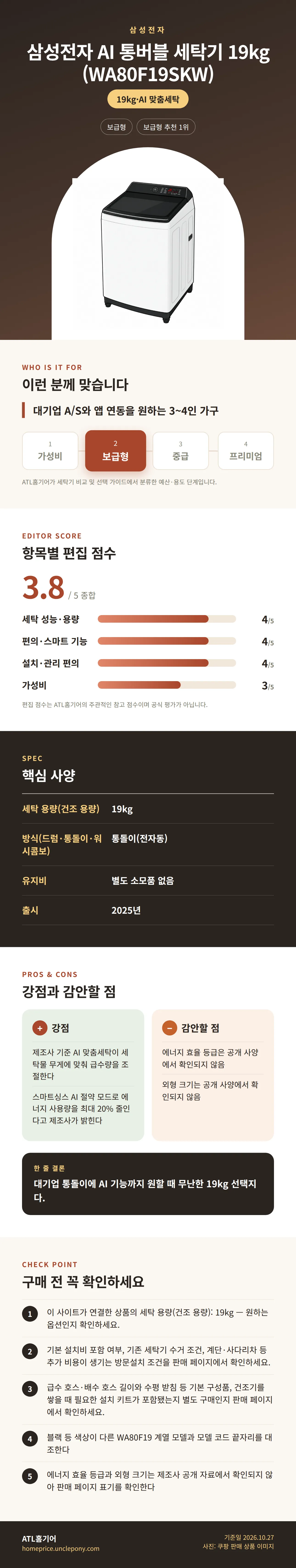 삼성전자 AI 통버블 세탁기 19kg (WA80F19SKW) 상세 정보: 추천 대상, 항목별 편집 점수, 핵심 사양, 강점과 감안할 점, 구매 전 확인