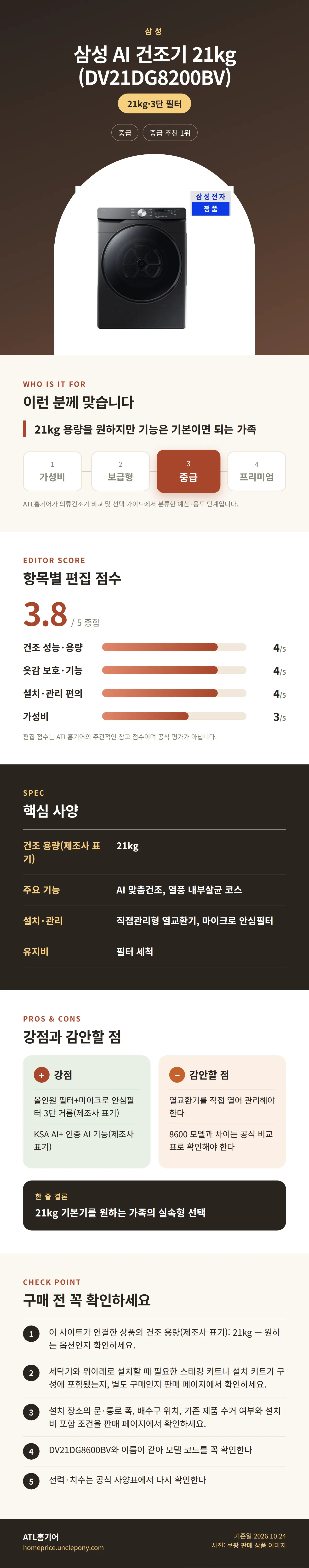 삼성 AI 건조기 21kg (DV21DG8200BV) 상세 정보: 추천 대상, 항목별 편집 점수, 핵심 사양, 강점과 감안할 점, 구매 전 확인