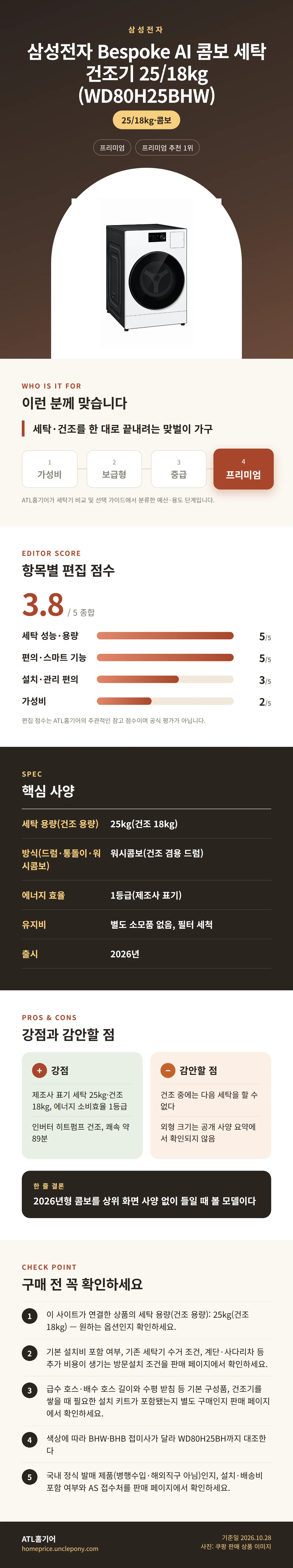 삼성전자 Bespoke AI 콤보 세탁건조기 25/18kg (WD80H25BHW) 상세 정보: 추천 대상, 항목별 편집 점수, 핵심 사양, 강점과 감안할 점, 구매 전 확인