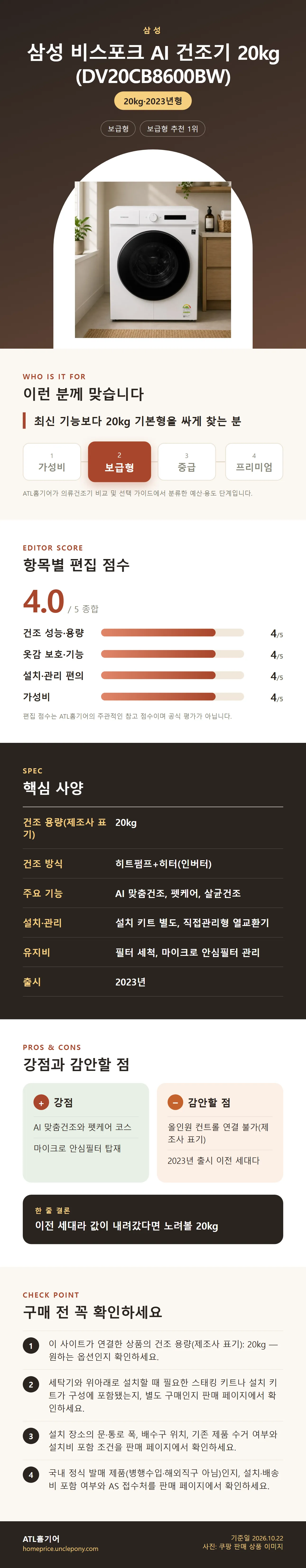 삼성 비스포크 AI 건조기 20kg (DV20CB8600BW) 상세 정보: 추천 대상, 항목별 편집 점수, 핵심 사양, 강점과 감안할 점, 구매 전 확인