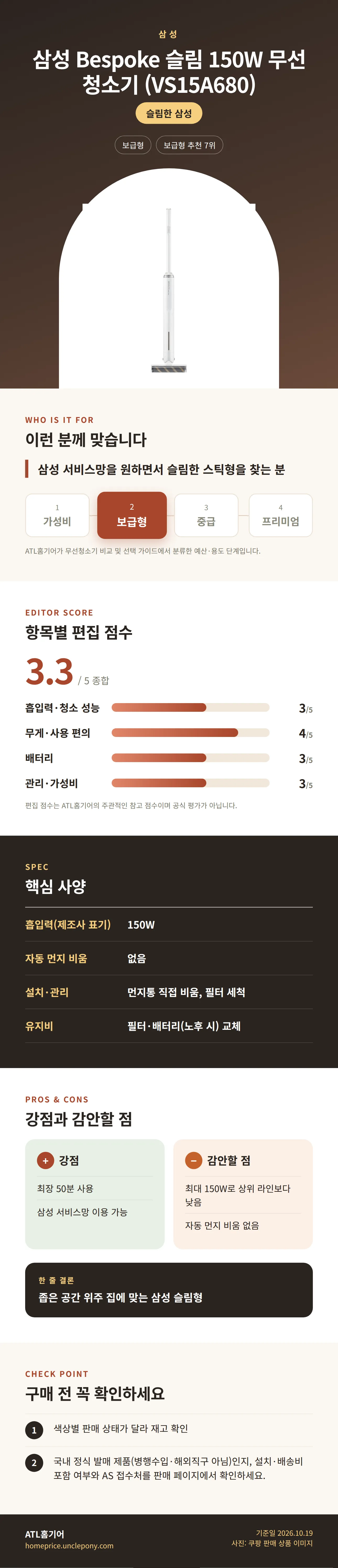삼성 Bespoke 슬림 150W 무선청소기 (VS15A680) 상세 정보: 추천 대상, 항목별 편집 점수, 핵심 사양, 강점과 감안할 점, 구매 전 확인