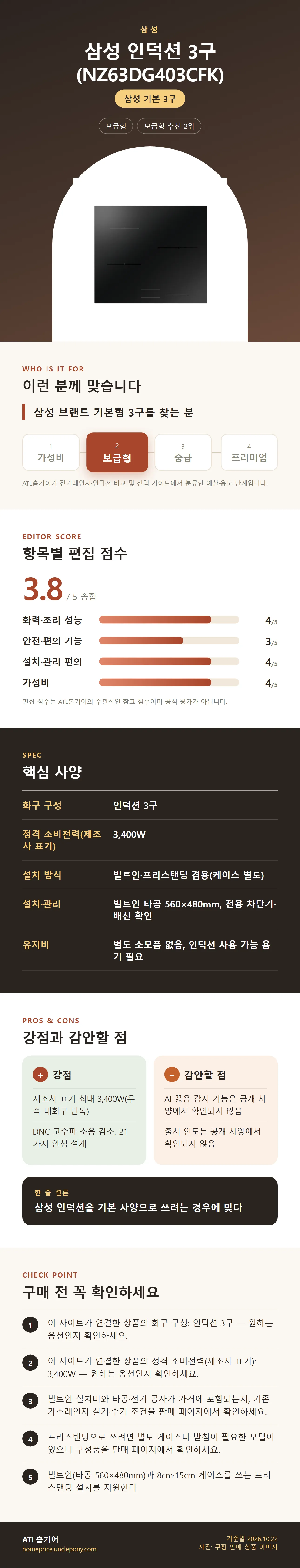 삼성 인덕션 3구 (NZ63DG403CFK) 상세 정보: 추천 대상, 항목별 편집 점수, 핵심 사양, 강점과 감안할 점, 구매 전 확인