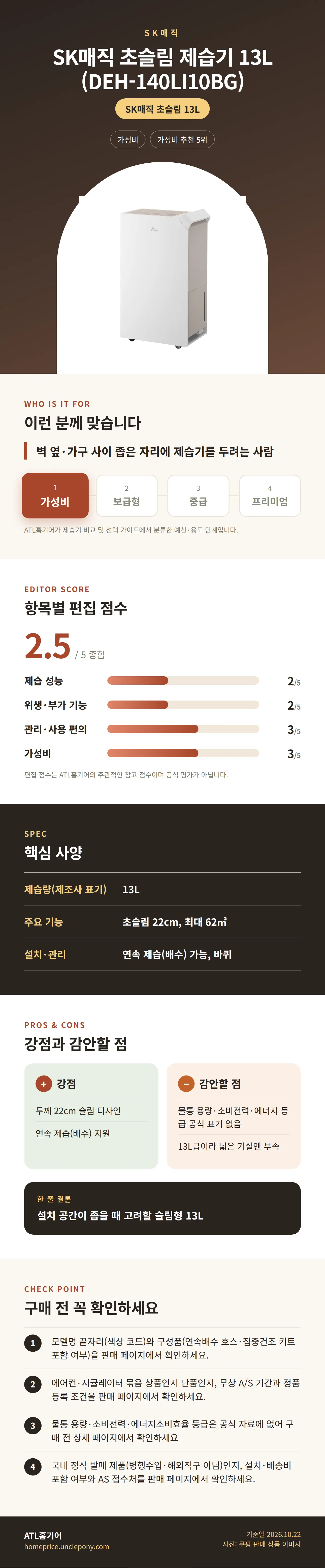 SK매직 초슬림 제습기 13L (DEH-140LI10BG) 상세 정보: 추천 대상, 항목별 편집 점수, 핵심 사양, 강점과 감안할 점, 구매 전 확인
