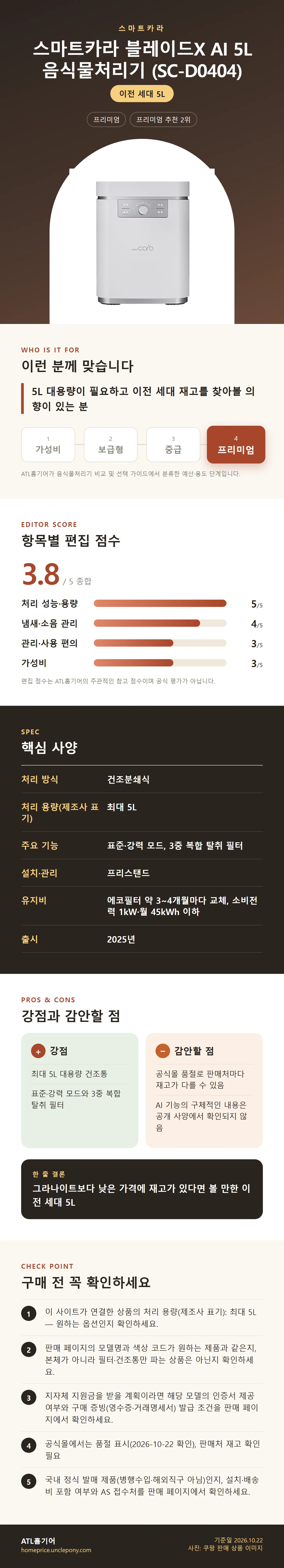 스마트카라 블레이드X AI 5L 음식물처리기 (SC-D0404) 상세 정보: 추천 대상, 항목별 편집 점수, 핵심 사양, 강점과 감안할 점, 구매 전 확인