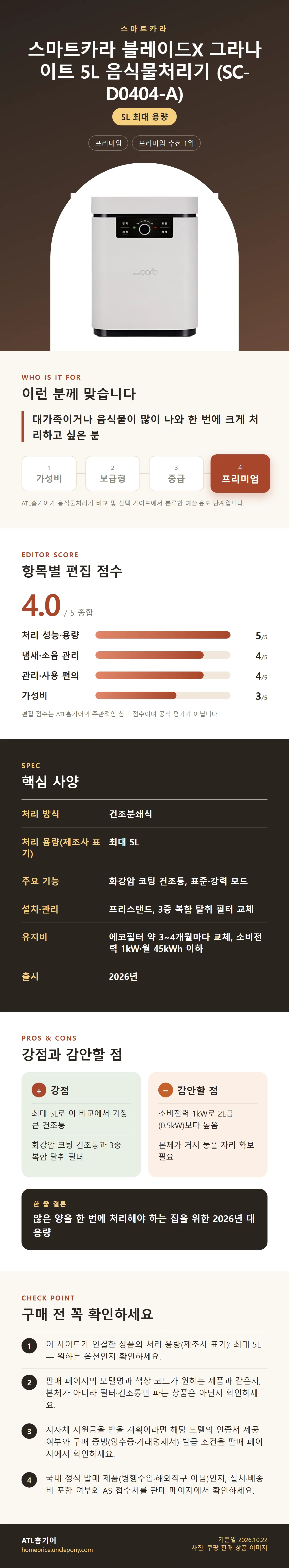 스마트카라 블레이드X 그라나이트 5L 음식물처리기 (SC-D0404-A) 상세 정보: 추천 대상, 항목별 편집 점수, 핵심 사양, 강점과 감안할 점, 구매 전 확인