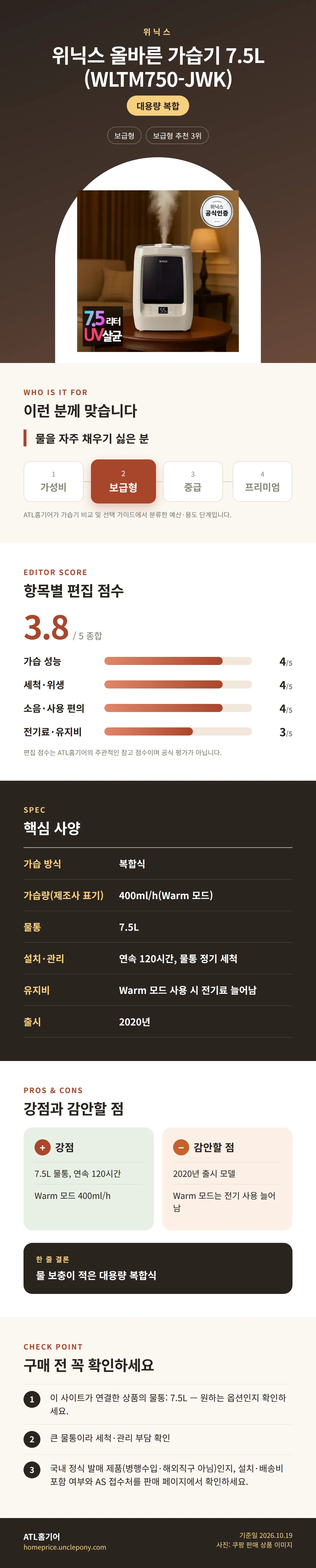 위닉스 올바른 가습기 7.5L (WLTM750-JWK) 상세 정보: 추천 대상, 항목별 편집 점수, 핵심 사양, 강점과 감안할 점, 구매 전 확인