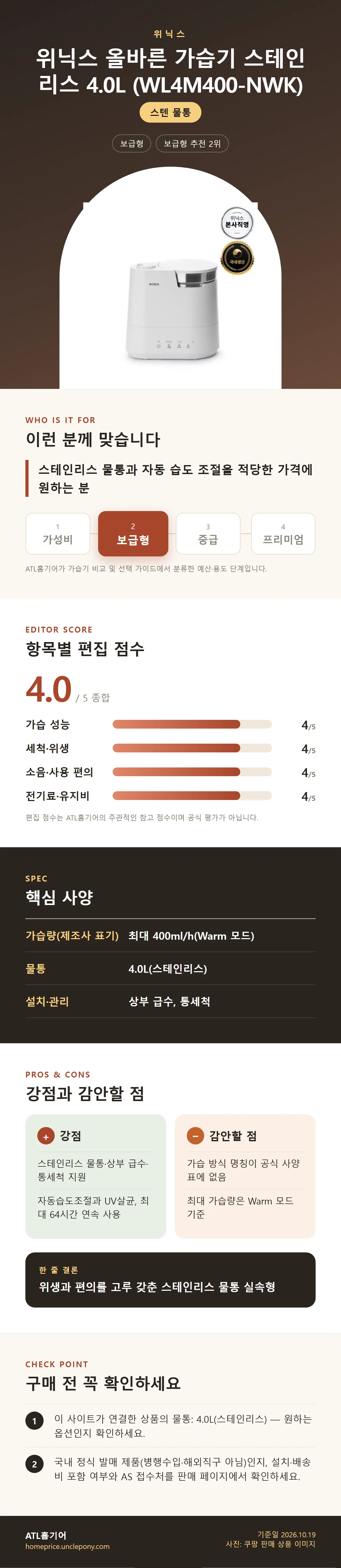 위닉스 올바른 가습기 스테인리스 4.0L (WL4M400-NWK) 상세 정보: 추천 대상, 항목별 편집 점수, 핵심 사양, 강점과 감안할 점, 구매 전 확인