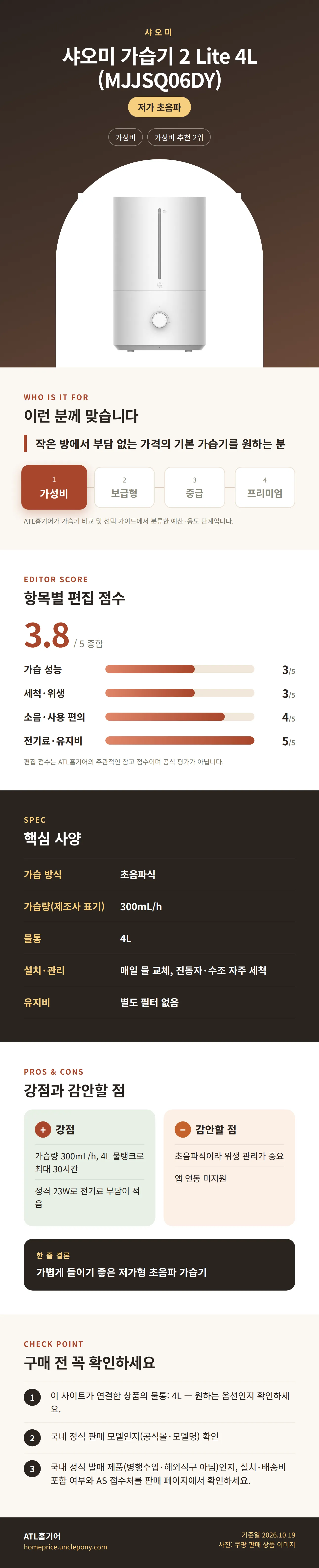 샤오미 가습기 2 Lite 4L (MJJSQ06DY) 상세 정보: 추천 대상, 항목별 편집 점수, 핵심 사양, 강점과 감안할 점, 구매 전 확인