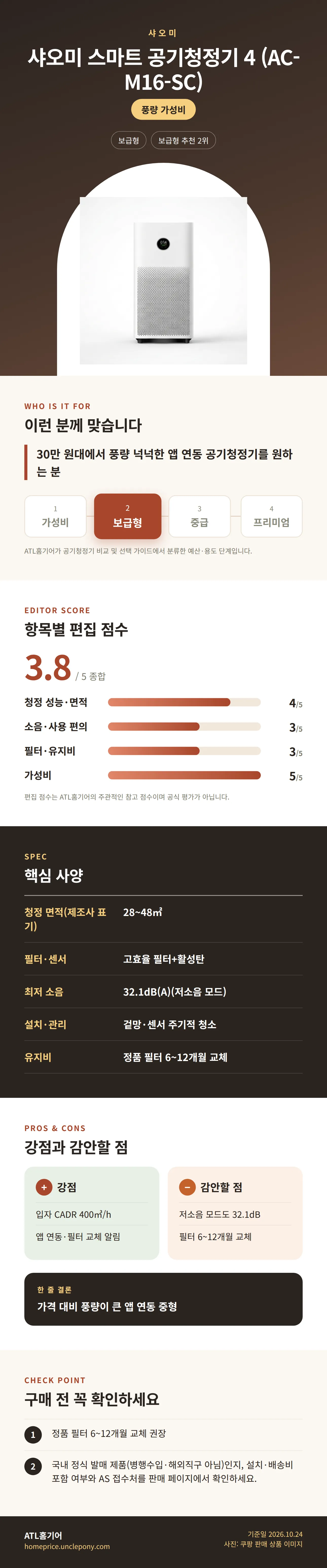 샤오미 스마트 공기청정기 4 (AC-M16-SC) 상세 정보: 추천 대상, 항목별 편집 점수, 핵심 사양, 강점과 감안할 점, 구매 전 확인